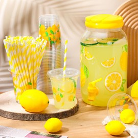 Umigy 1 Gallon Lemon Plastic Drink Dispenser with 100 Pcs 16 oz Lemon Disposable Plastic Cups with Lids and Straws Beverage Dispenser Plastic Water Dispenser with Spigot for Party Juice Ice Tea Beer