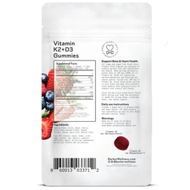 Barker Wellness Co Barker Wellness Vitamin D3 + K2 Gummies | 6000 IU D3 + 200 mcg K2 | Bone Strength, Calcium Absorption & Heart Health | Vegan, Sugar-Free | Mixed Berry | 30 Gummies