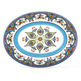 EuroCeramica Zanzibar Collection Oval Platters, 18'' Large, Spanish Floral Design, Multicolor, Blue and White, Turquoise, Yellow and Red