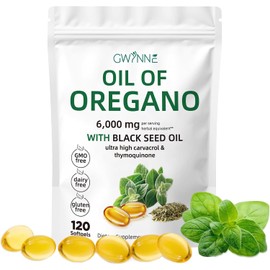 gwynne Aceite de orégano con aceite de semilla negra, 120 cápsulas de aceite de orégano orgánico de 6000 mg（1 PCS)