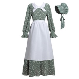 CR ROLECOS Colonial Prairie Dress Women Floral Amish Dresses Pilgrim Costume Pioneer Trek Clothing 3 Pcs Green M