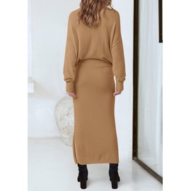 PRETTYGARDEN Women's Two Piece Matching Sweater Sets Knit Long Sleeve Pullover Tops Bodycon Long Maxi Skirts Fall Outfits (Khaki,Large)