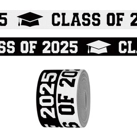 2 Rolls × 7 Yards Class of 2025 Ribbon for Crafting Sewing, 7/8 Inch Black White Grosgrain Ribbons for Gift Wrapping, Senior 2025 Graduation Ribbons for Hair Bow Accessory