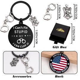 Police Officer Keychain Gifts for Men - Handcuff and Badge Charms with I Can’t Fix Stupid But I Can Cuff It, Patriotic USA Flag Key Chain Graduation Promotion or Retirement (Black)