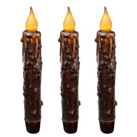CVHOMEDECO. Real Wax Hand Dipped Battery Operated LED Timer Taper Candles Country Primitive Flameless Lights Décor, 6-3/4 Inch, Brown, 3 PCS in a Package