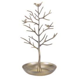 ChezMax Jewelry Display Necklace Earring Organizer Holder Metal Birds Tree Stand with Tray Antique Bracelet Rings Rack Tower Decoration for Women Girl Gold 11.8 Inch