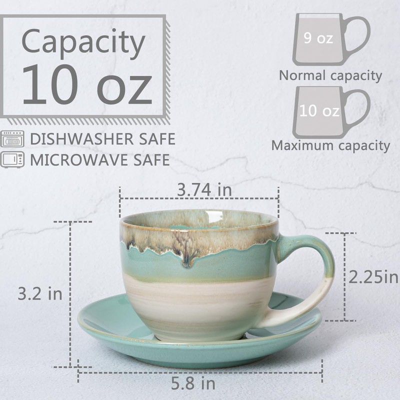 Bosmarlin Ceramic Cappuccino Cup and Saucer Set of 2, 10