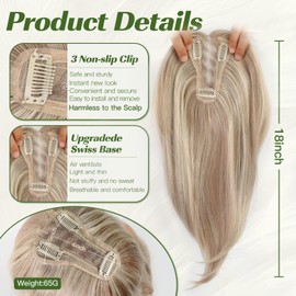starluck 18 Inch Light Honey Blonde & Bleach Blonde Layered Hair Topper with Bangs for Women, Synthetic Hair Toppers Swiss Base with 3 Clips Toppers for Women with Thinning Hair Grey Hair Hair Loss