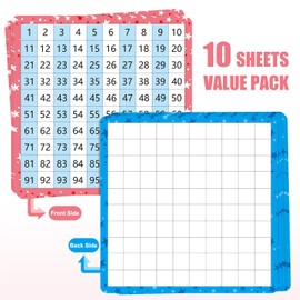 10 Pack Dry Erase Math Hundred Board Card Laminated Double Sided Number 1-100 Chart Easy to Write Consecutive Number Counting Chart for Students Math Manipulatives