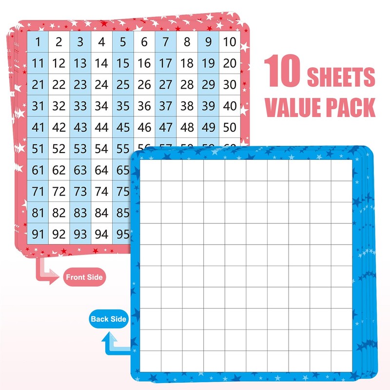 10 Pack Dry Erase Math Hundred Board Card Laminated Double