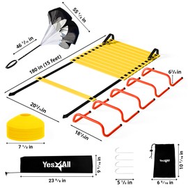 Yes4All Speed Training Equipment Set: 15ft Agility Ladder, Resistance Parachute, 5 Agility Hurdles, 12 Disc Cones with Carry Bag/Strap