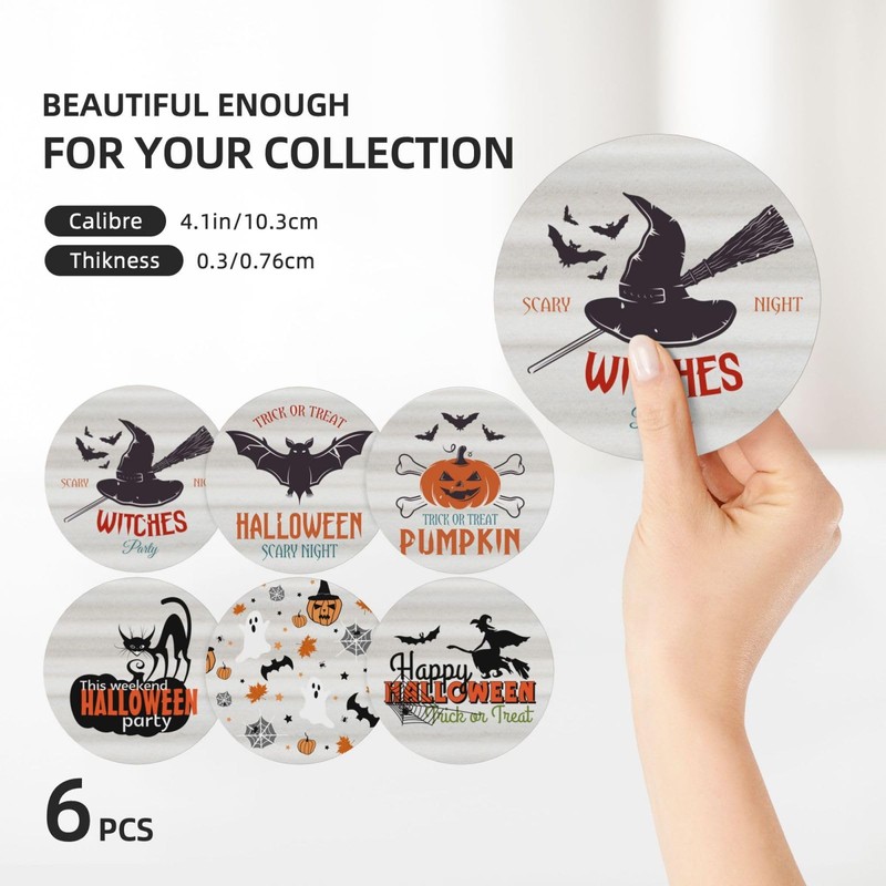 6 PCS Halloween Coasters with Metal Holder and Cork Base