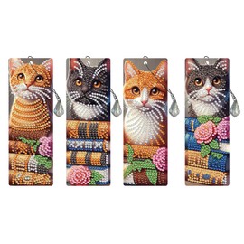 4pcs Cat Diamond Painting Bookmark Kits DIY Diamond Art Bookmarks with Crystal Pendant for Adults Book Lover