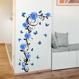 WOHAHA Wall Stickers, Flowers, Plants, Stylish, Peel Off, Large Flowers, Blue Flowers, Wisteria Flowers, Butterflies, Wallpaper, Wall Decoration, Waterproof, Removable, Wall Stickers, Living Room,
