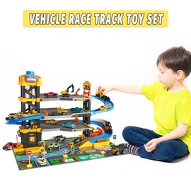 Dollox Parking Garage Toy Playset, Race Car Ramp Track Toys Sets Garage Playset with 6 Little Alloy Construction Cars Adventure Track