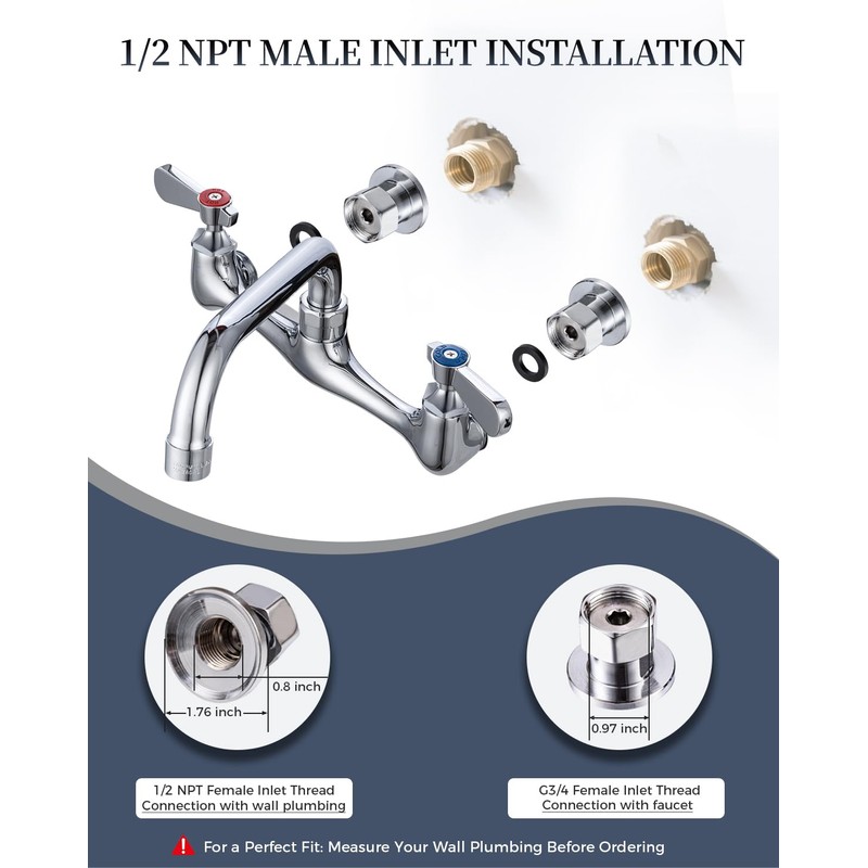 Phivan NSF/ANSI 61 Certified 8" Lead-Free Commercial Sink Faucet Wall