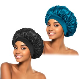 2Pcs Silk Bonnet for Sleeping, Satin Hair Bonnets, Soft Elastic Band Silk Sleep Cap, Silk Hair Wrap for Curly Hair (Black Peacock Blue)