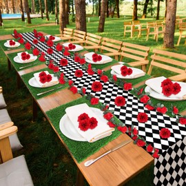 Leinuosen 29 Pcs Wonderland Party Supplies Fabric Black and White Checkered Table Runner 8. 2 ft x 2 Fake Red Flower Vines Garland 6 Grass Squares 20 Rose Head for Theme Party Table Centerpiece Decor