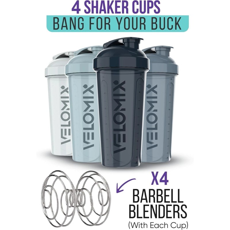 Velomix 4Pack, 28 oz Protein Shaker Bottles for Protein Mixes,