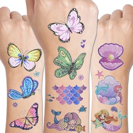 CHARLENT Glitter Butterfly and Mermaid Theme Tattoos for Girls, 24 Sheets of Glitter Temporary Butterfly and Mermaid Theme Tattoos for Birthday Parties