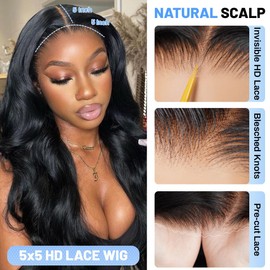 ZIYGBK Wear and Go Glueless Wigs Body Wave Lace Front Wigs Human Hair Pre Plucked Pre Cut 5x5 HD Lace Closure Wig Human Hair Body Wave for Beginners Natural Black 200% Density 18 Inch