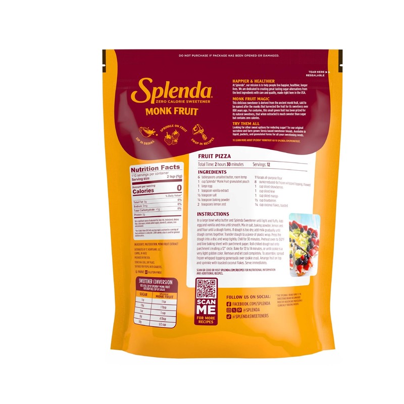 Splenda Monk Fruit Zero Calorie Plant Based Granulated Sweetener, No