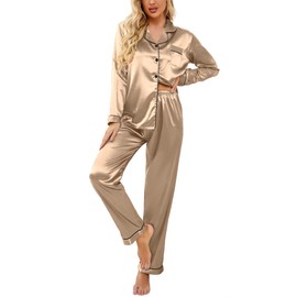 Ekouaer Women's Classic Long Satin Pajama Set,XX-Large,Khaki