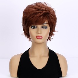 AUBWIG Short Reddish Brown Wig Short Pixie Cut Wigs Short Curly Wavy Women's Wigs Soft Shaggy Synthetic Wigs Daily Hair (Reddish Brown)