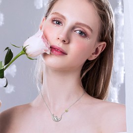 PEIMKO Sterling Silver Bunny on the Moon Necklace for Women, Simulated Birthstone Pendant Necklaces, August Birthday Gift for Women