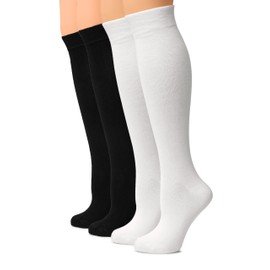 Hugh Ugoli Women Cotton Knee High Socks, Long Dress School Uniform Socks for Girls, Soft & Lightweight Boot Socks, Shoe Size: 5-8, White/Black, 4 Pairs