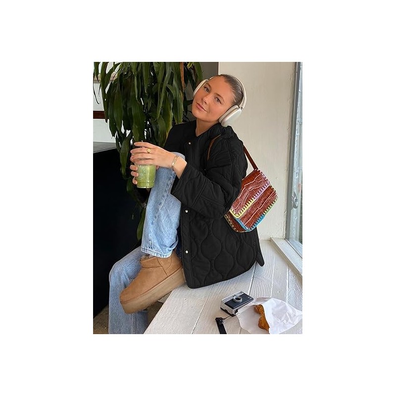 Flygo Women's Oversized Quilted Lightweight Jacket Button Down Puffer Padded