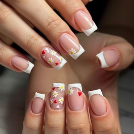 Medium Square Press on Nails White French Tip Fake Nails with Yellow Daisy Flower Pattern Design Artificial Full Cover False Nails Acrylic Glossy Glue on Nails Stick on Nails for Women 24Pcs