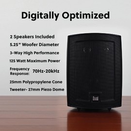 Dual Electronics LU53PB 5.25" 3-Way High Performance Outdoor Indoor Wired Speakers | Effortless Set Up | Home, Pool, Patio, Garage Use | Weather Resistant | Expansive Stereo Sound Coverage | Black