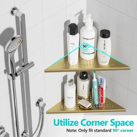 2 Pack Bathroom Corner Shelf, Recessed 12" Corner Shower Shelf, SUS304 Stainless Steel Triangular Wall Mount, No Drilling, Brushed Golden