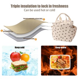 Veki Insulated Lunch Bag for Women Girls, Reusable Thermal Cooler Bags, Large Corduroy Tote Bags, 12L Cool Lunch Organizer, Leakproof Lunchbox for Work, Picnics, Travel (Beige Plum Blossom)