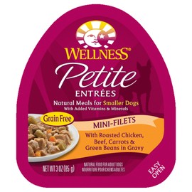 Wellness Petite Entrees Mini Fillets Natural Wet Small Breed Dog Food, Roasted Chicken, Beef, Carrots & Green Beans, 3-Ounce Cup (Pack of 24)
