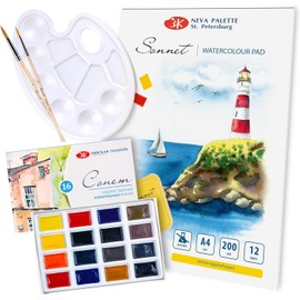 Sonnet Essential Watercolour Kit | 16 Watercolour Paints, Paint Pad, Palette and Brushes | Made by Nevskaya Palitra