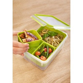 Emsa N10716 Clip & Go Lunch Box, 2.2 L, with 3 Inserts, One Tin and Plate, To Go, 100% Leak-Proof, Transparent/Green