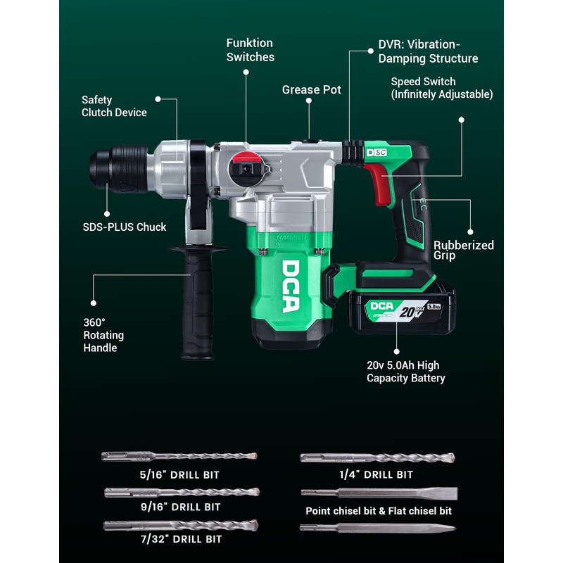 DCA 20V MAX Cordless Heavy Duty Rotary Hammer Drill, 4.5