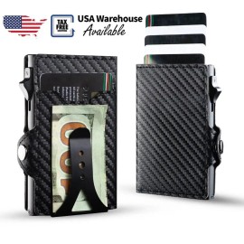 Casekey US Warehouse Fashion Carbon Fiber Leather Pop up Mechanism Wallet RFID Safe Metal Credit Card Holder with Cash Clipcolor: Light Brown