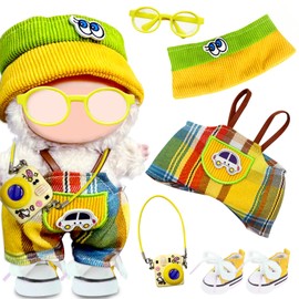 5Pcs Clothes & Accessories for 17cm Dolls, Includes Hat Overalls Glasses Camera Backpack Shoes for Girls Kids Birthday (No Doll)