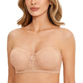 DOBREVA Women's Strapless Bras See Through Sheer Lace Non Padded Underwired Multiway Bra Natural 38C