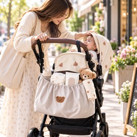 Stroller Hanging Storage Bag, Lightweight Reusable Organizer for Baby Essentials, Travel Stroller Accessory, Beige or Black