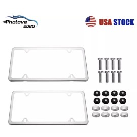 PHOTOVE 2Pcs Chrome Stainless Steel Metal License Plate Frame Tag Cover With Screw Caps
