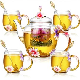 Maxdot 5 Pcs Floral Glass Tea Set, 51 oz Daisy Teapot with Infuser