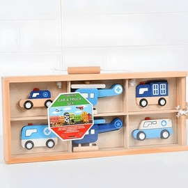 RLS 6Pcs Wooden Car Toys Truck Set, Construction Vehicles Council Highway with Brigade Rescue Hospital Rapid Response Vehicles with storage box (Fire Brigade Rescue Vehicles)