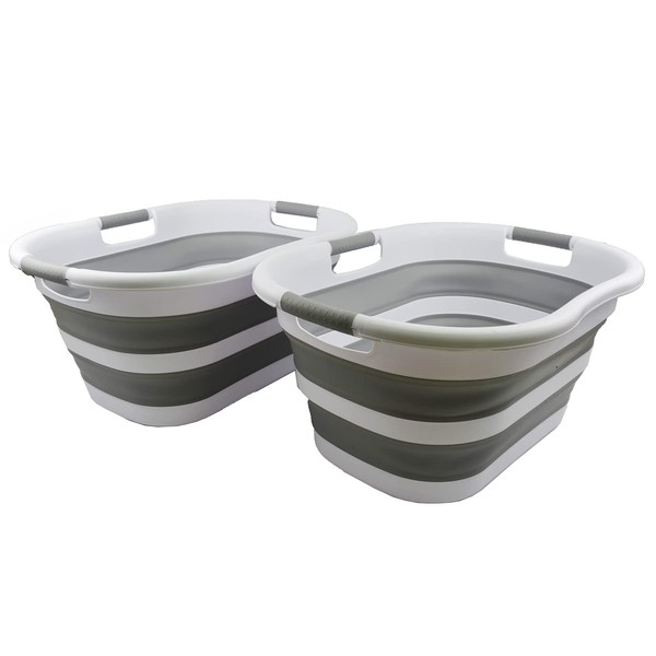 SAMMART 40L (10.5 Gallon) Set of 2 Collapsible Plastic Laundry Basket - Foldable Pop Up Storage Container/Organizer - Portable Washing Tub - Space Saving Hamper/Basket (White/Grey)