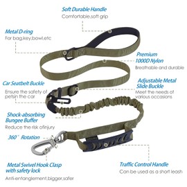 Hotsky Tactical Dog Leash Heavy Duty for Medium Large Dogs, 4-6Ft Strong Bungee Shock Absorbing Dog Leash, Padded Double Handle Military Dog Leashes with Car Seatbelt for Training, Army Green
