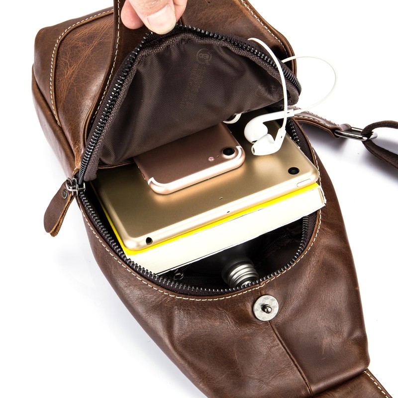 Men Leather Sling Bag Casual Shoulder Chest Crossbody Bag Hiking