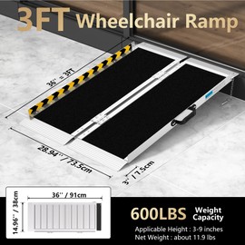 3FT Portable Wheelchair Ramp, Non-Slip Aluminum Folding Handicap Ramp, Ramps for Wheelchairs for Home with Handle, Wheelchair Ramps for Home Steps/Stairs/Threshold/Doorways/Scooter, 600LBS Capacity